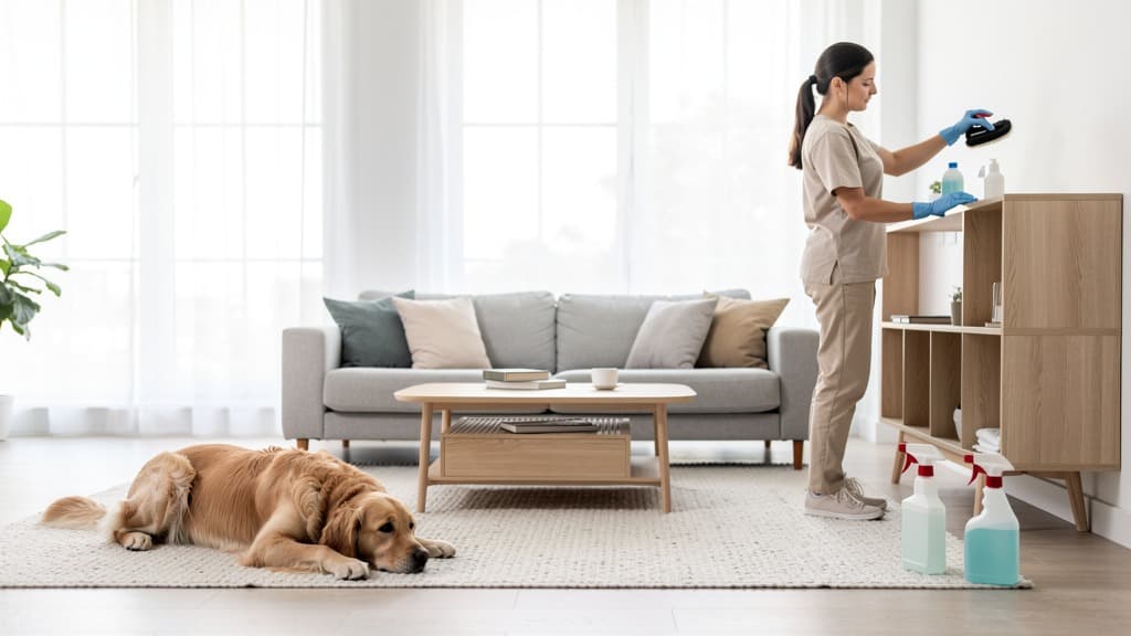 En person från HemLugn städar ett vardagsrum medan en hund vilar lugnt i bakgrunden.