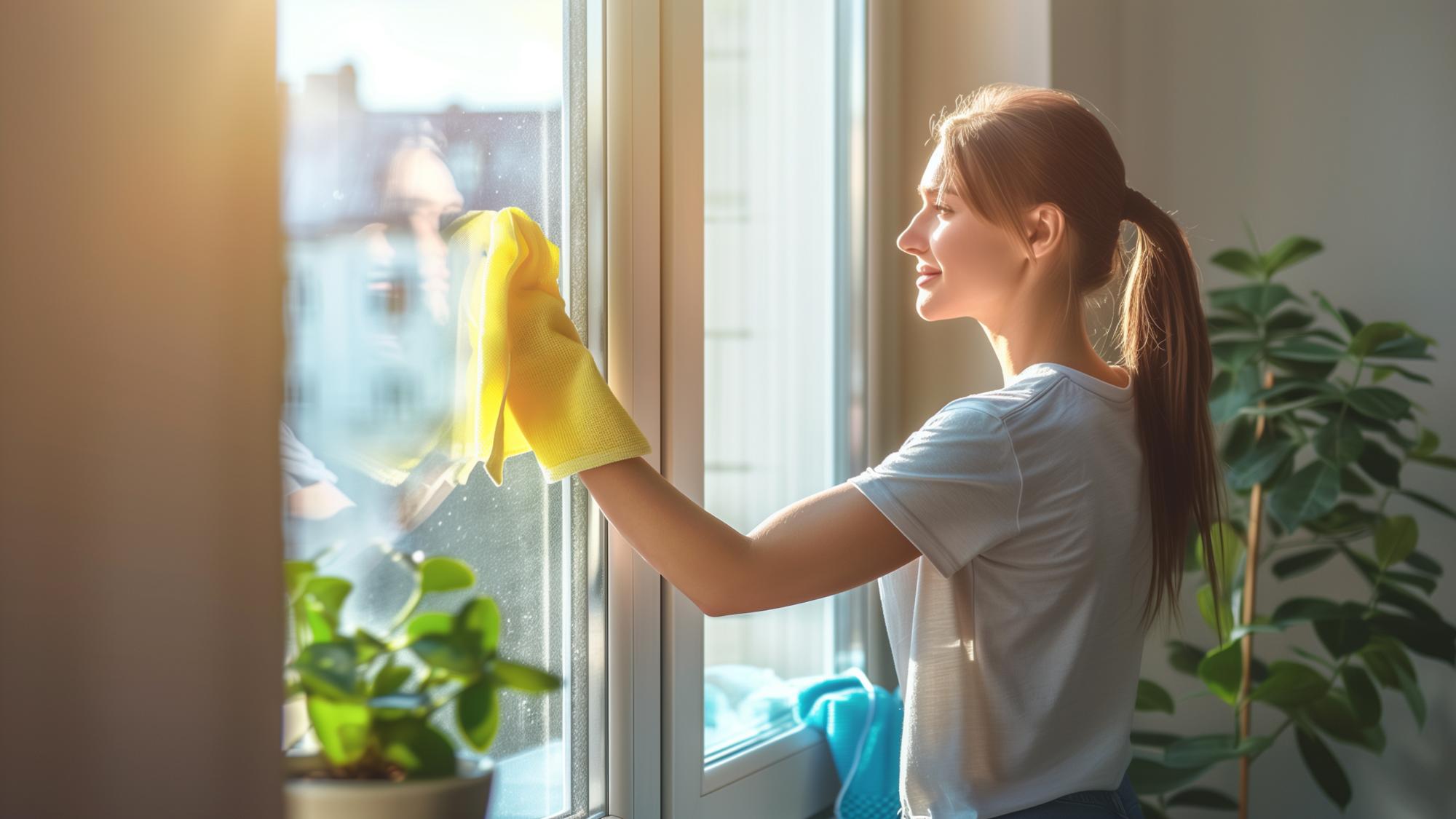 A woman with long hair, wearing a white t-shirt and yellow cleaning gloves, is cleaning a window with a cloth. Sunlight streams through the window, illuminating her smile and the indoor plants nearby.